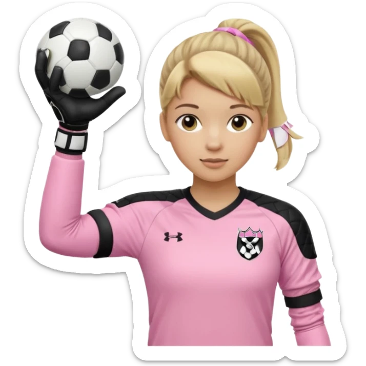 Make a dirty blonde football goalkeeper with goalkeeper gloves on. The girl is light skinned and wearing a light pink football kit. Wearing one ponytail on back of head. Make it without the whole body. With full sleeves. No RUGBY BALL JUST BLACK AND WHITE BALL. Holding ball under armpit sticker