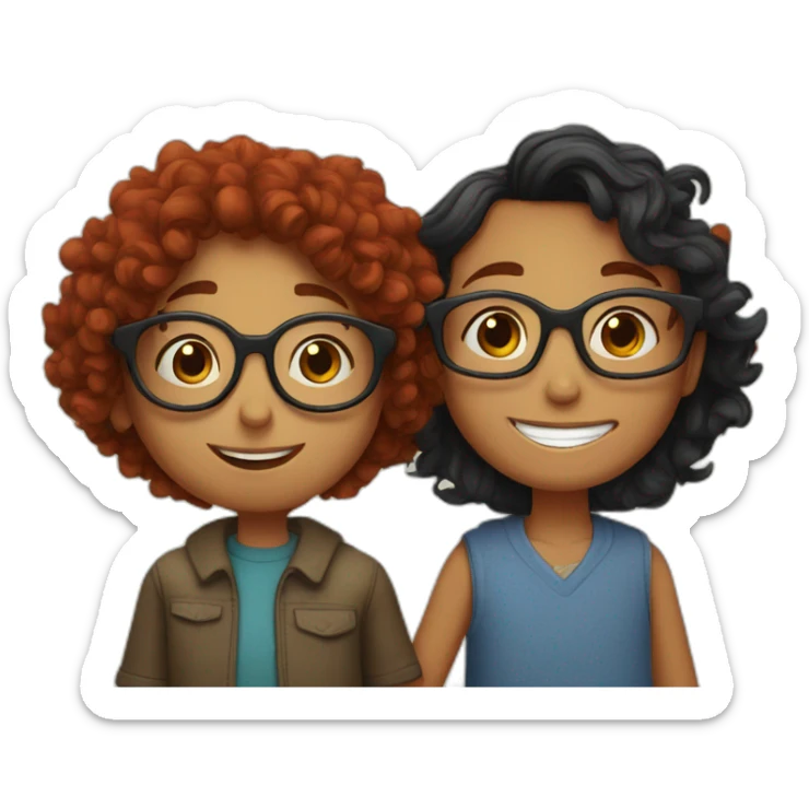 a girl with red curly hair and blue glasses hugging her black-haired son sticker