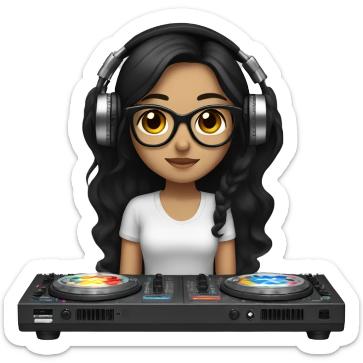Fair skinned girl with brown eyes and long black hair with glasses on with headphones on mixing on a dj mixer sticker