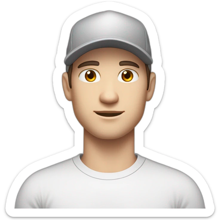 Pale skinned fit Man with dark brown hair in a white cap, gray jeans and gray polo T-shirt keeping a pasted with tape white box into his hands sticker