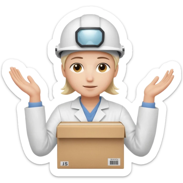 Tengo que dar una capacitacion de orgonomia, necesito un emoji de un operario con casco blanco y delantal blanco de manga larga que levante una caja cerrada con las dos manos a la altura de los hombros. Que tenga un delantal de laboratorio no de coina  sticker