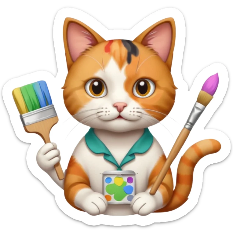 A cat holding brushes and a colour pallete because he is an artist sticker
