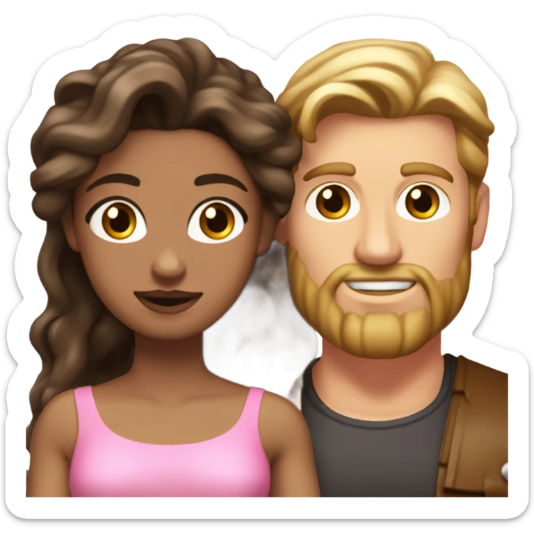 A handsome pale Greek god man who has long brown hair and tanned skin with a pretty black skinny tall model woman who has long voluminous brown & blonde highlights hair  and she is wearing a pink dress and they are a couple sticker