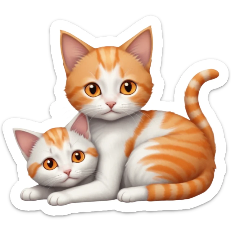 full body of very small + skinny ginger and white kitten with deep orange eyes and triangular shaped face lying down cuddling a grey and white kitten who is a bit bigger than him sticker