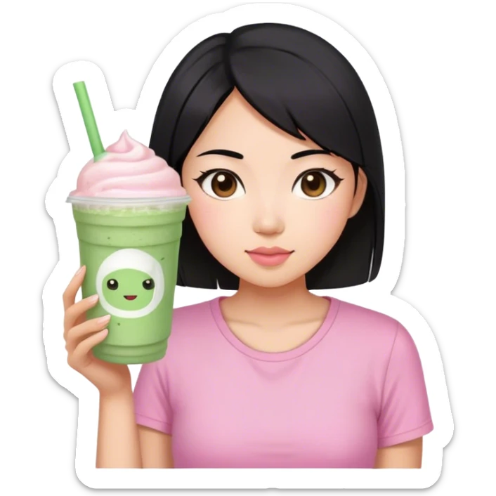 Asian woman, medium lenght black hair, brown eyes, pink cute shirt, holding Matcha frappe  sticker