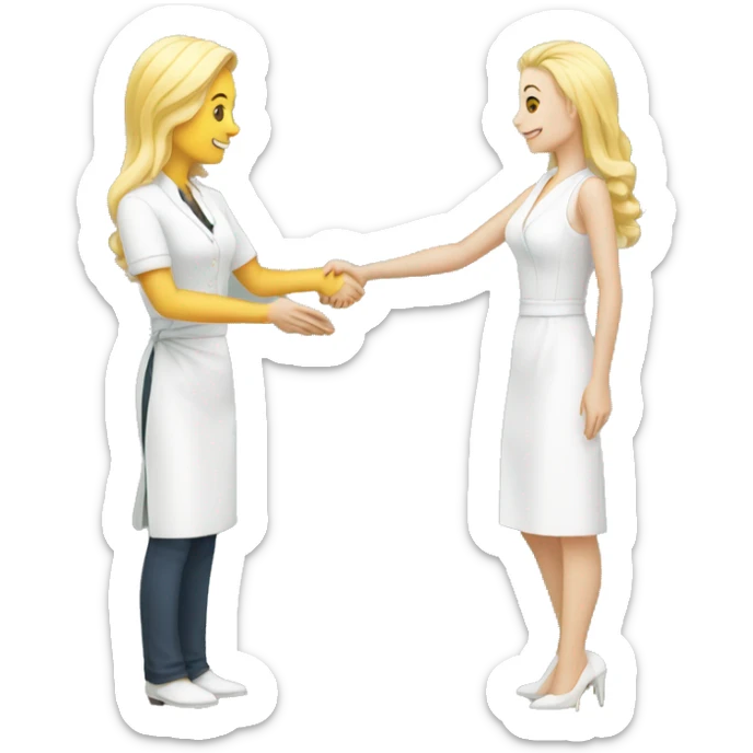 adult restaurant owner with white skin and blogger with white skin and blonde hair shaking hands in full height sticker