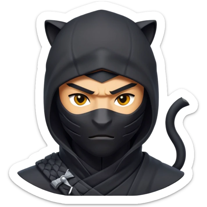 clash-of-clans-aesthetic_-cinematic-mysterious-male-ninja-portrait-emoji, rendered in a flat, vector-style similar to standard emojis with minimal shading and bold, simplified shapes, head slightly turned, revealing only intense, focused eyes, perched on a sleek panther moving silently through the shadows. sticker