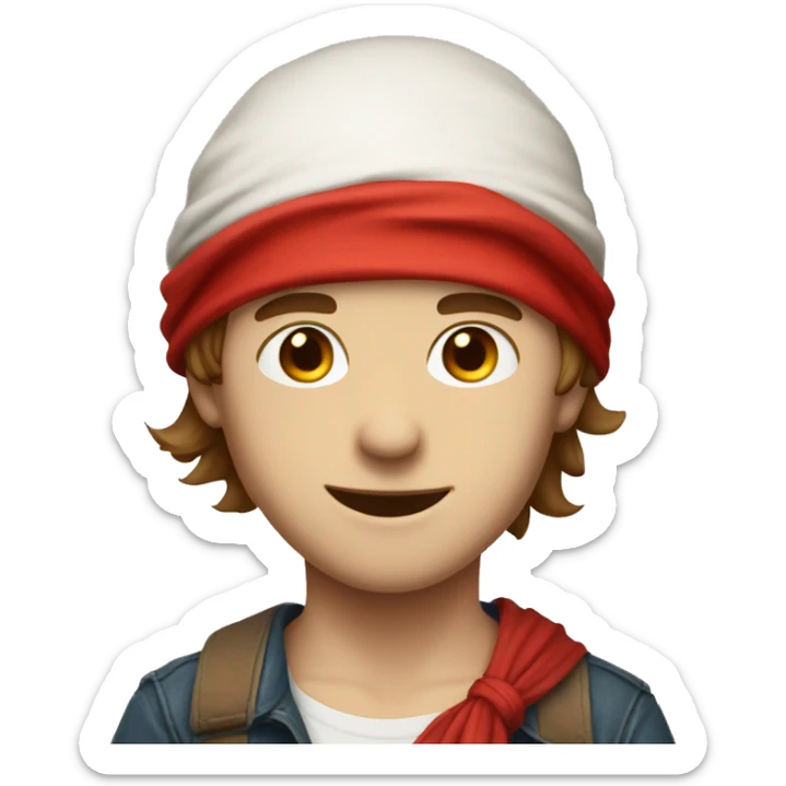 white skin, boy with a red bandana tied to his head, brown hair, smiling sticker