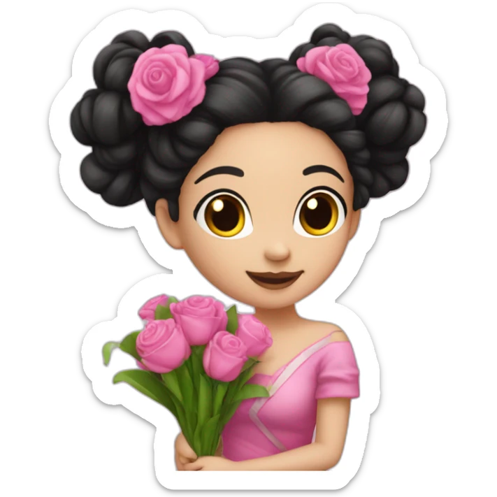45 degree - white skin girl - black hair bun - wearing crazy pink cloth -holding bouquet sticker