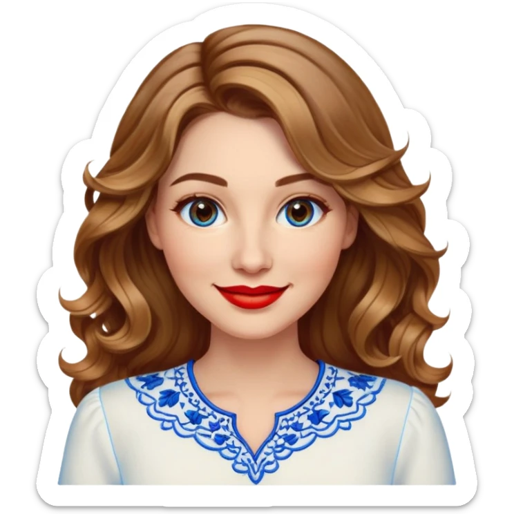 Friendly woman in her late 30s with luminous fair skin, round face, wide smile, large light brown eyes, vibrant red lips, shoulder-length dark blonde wavy hair with highlights, wearing white blouse with blue embroidery and electric blue neckline sticker