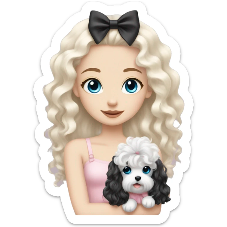 pale blonde girl with long platinum white wavy hair with blue eyes and wearing a light pink hair bow holding a black and white curly haired puppy also wearing a hair bow sticker
