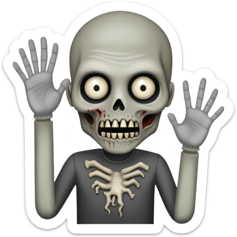 Super idol as hostile SCP-096 zombie with very small almost camouflaged pupils facing down and the upper face is grayish white and whitish gray while the lower jaw and rest of the body including hand and arm is just grayish black and the background is pitch black sticker