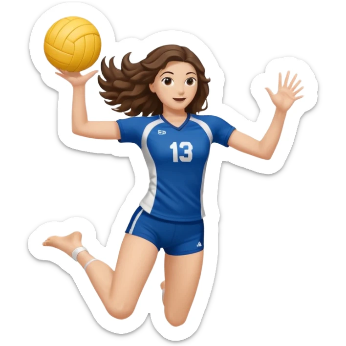 White girl with a volleyball jersey and wavy brunette hair jumping spiking a volleyball sticker