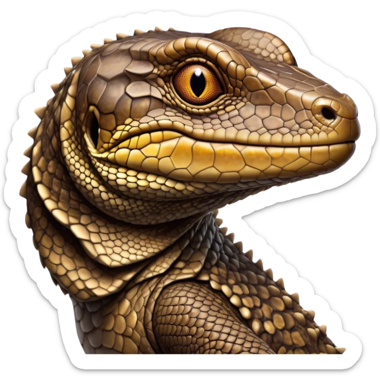 Cinematic Noble brown camo monitor Lizard Portrait Emoji, Poised and regal, with a robust, scaled body exhibiting striking, mottled patterns and piercing, alert eyes, Simplified yet sharp and sophisticated features, highly detailed, glowing with a soft, earthy glow, high shine, intelligent and formidable, stylized with an air of ancient wilderness, focused and commanding, soft glowing outline, capturing the essence of a watchful and confident reptilian guardian that appears ready to stride out of the screen with effortless authority! sticker