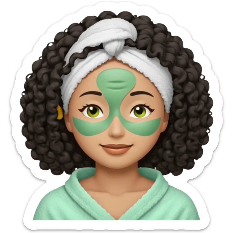 A female emoji with black, 3a curly hair partially tucked into a white towel wrap, eyes closed, smiling peacefully. She has a green facial mask applied to her forehead, under eyes, nose, and cheeks. Shoulders are bare and she has a relaxed, spa-like appearance. sticker