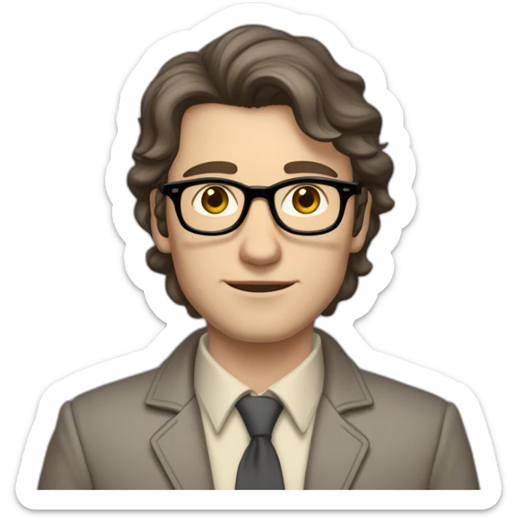Full height Pale skinned Fit Man With dark brown hair in gray jacket, beige office shirt, tie, Brown pants and vintage glasses. Thrumbs of his palms directed up sticker