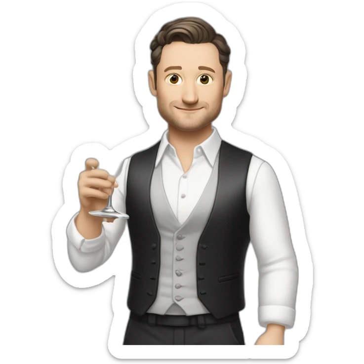 tim robinson dark black slicked back hair white shirt with a light grey vest spraying champagne sticker