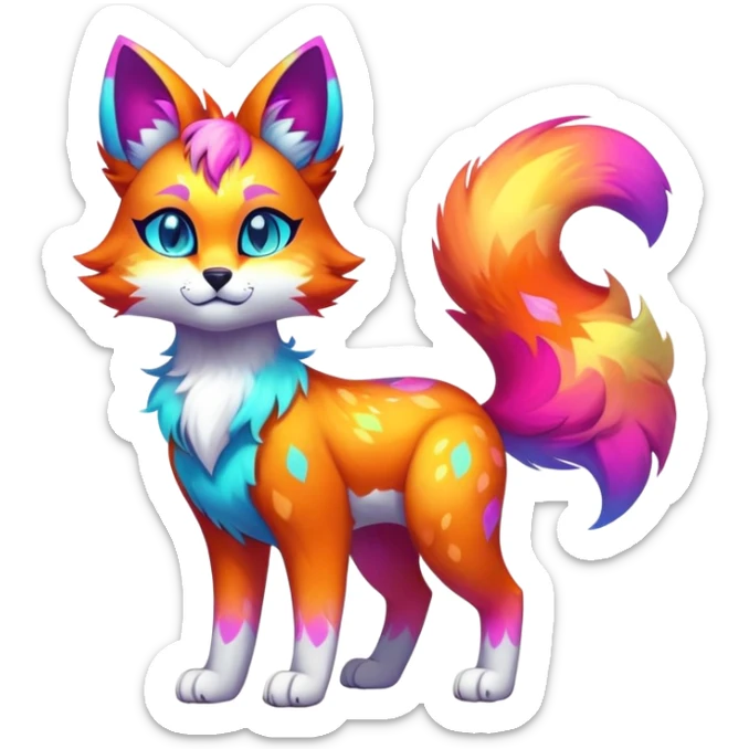 Vibrant multicolored neon-colored Falvie-Fionbri-creature-sparkle-feline-canine-hybrid-fursona, full body, fur pattern-markings sticker