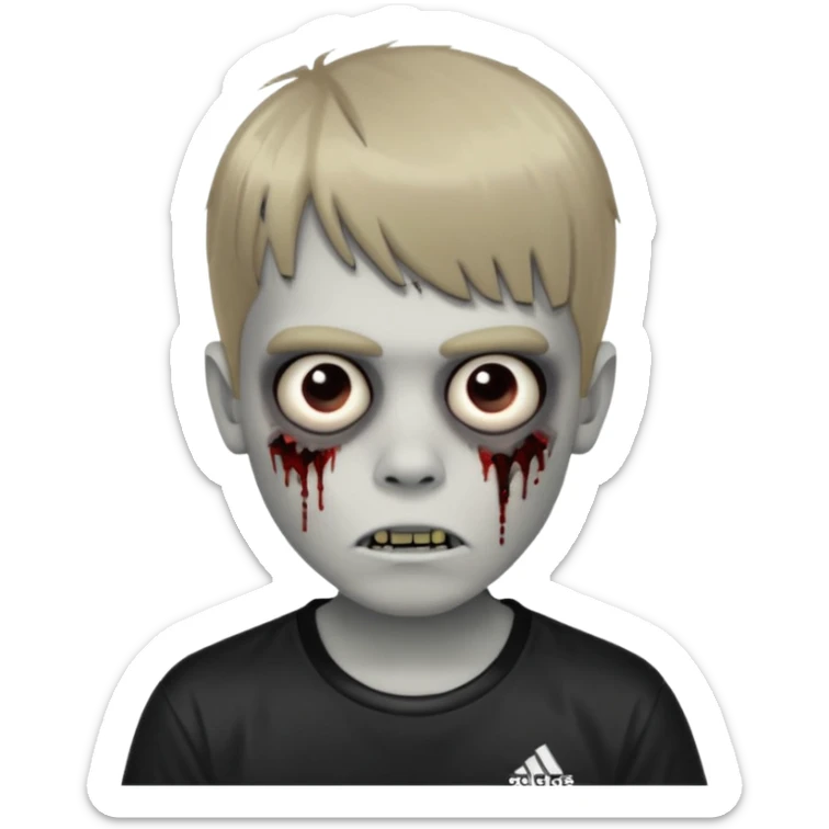 Crie um menino de cabelo loiro escuro de franja zumbi com uma blusa da adidas no estilo emoji do ios sticker