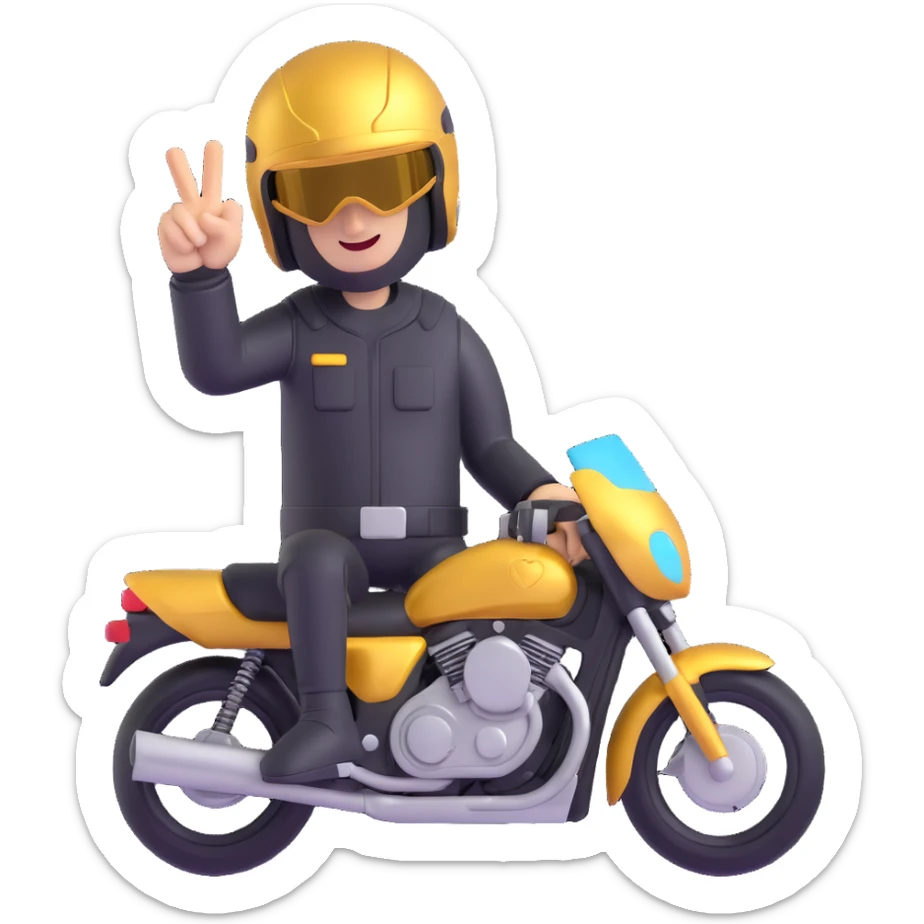 A motorcyclist in a black helmet with a golden visor flipping the bird sticker