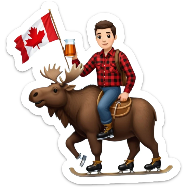 Canadian lumberjack man wearing red and black flannel shirt, drinking from a jug of maple syrup, holding a Canadian flag, and wearing ice skates, while riding on a moose, with snowcapped mountains in the background sticker