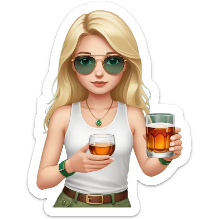 girl with long blond hair
with blue eyes
and aviator sunglasses
wearing white tank top 
holding a glass of whiskey 
wearing rose gold apple watch with forest green band  sticker