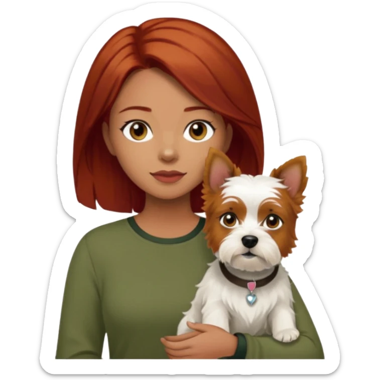 Westhighland white terrier dog being held by woman with dark shoulder length red hair and hazel eye wearing olive green top sticker