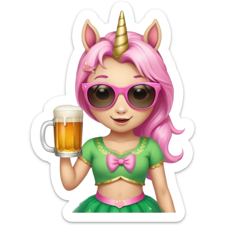 friendly anthropomorphised female unicorn with horse-like face, in tutu and pink t-shirt, wearing dark sunglasses, celebrating St. Patrick's Day sticker