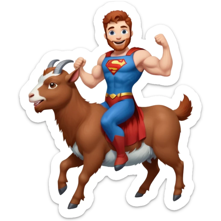 Full body Adult Superman Blue Eyes Scruffy Redish hair and redish trimmed Beard Muscle happy riding a laughing blue small goat  sticker