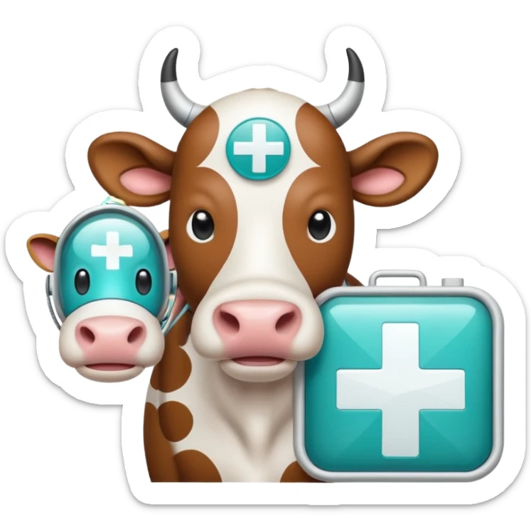 Emoji-style icon of a cow and buffalo with a medical cross and scan frame overlay, representing disease detection and health analysis. Friendly, clean, rounded design, clear at small sizes, teal and white accents, no text, transparent background. sticker
