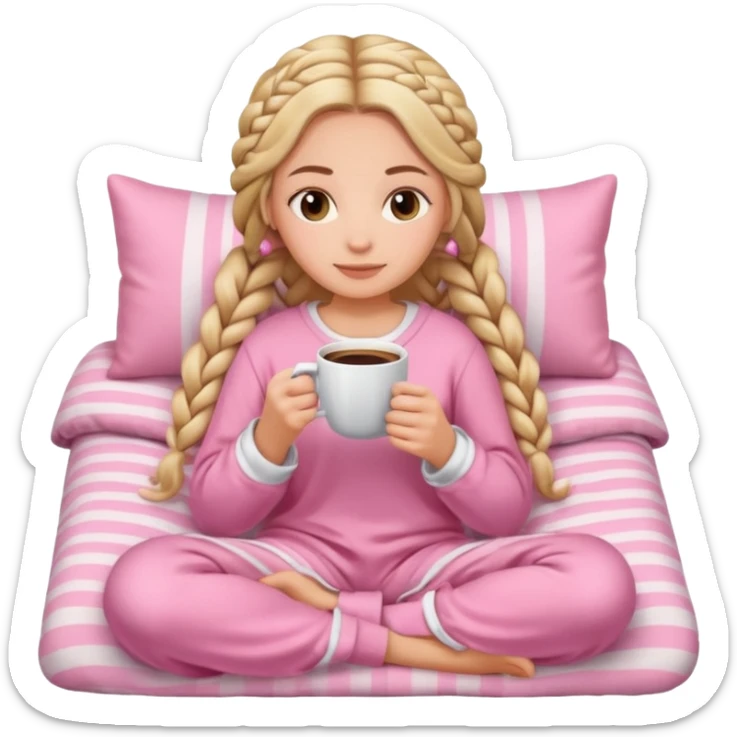 White girl with goddess braids holding a cup of coffee while snuggling in a cozy pink blanket and cute pink and white pajamas  sticker