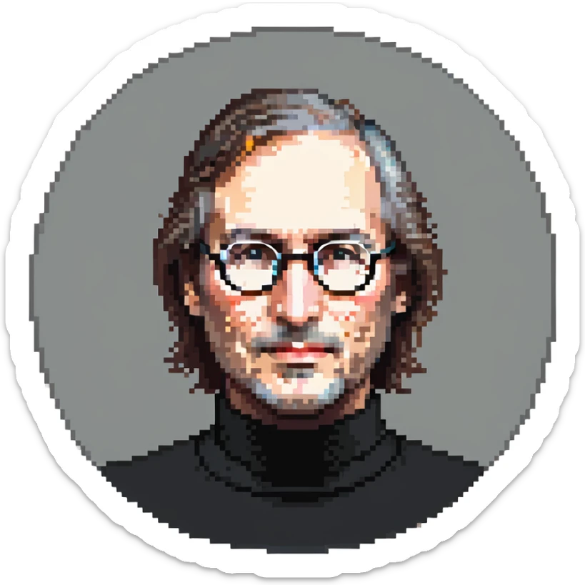Steve Jobs wearing a black turtleneck and round glasses, simple background, pixel art style sticker