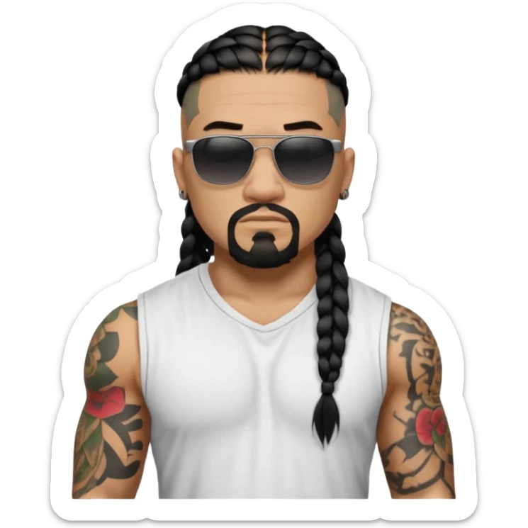 Samoan male. Chin goatee with no hair upper lip
Untucked loose fitting white t-shirt. 
long black braided hair.
very muscular.
Even More tattoos. 
Tough and menacing.
Dark black square sunglasses. sticker