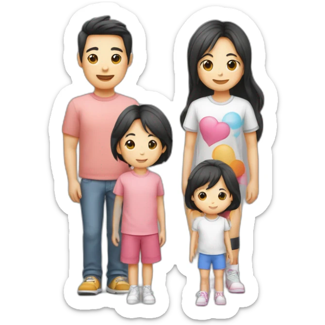 Famille 4 personne 1 fils aîné avec un t-shirt de basket fille cadette au cheveux long 1 père asiatique 1 mère sticker