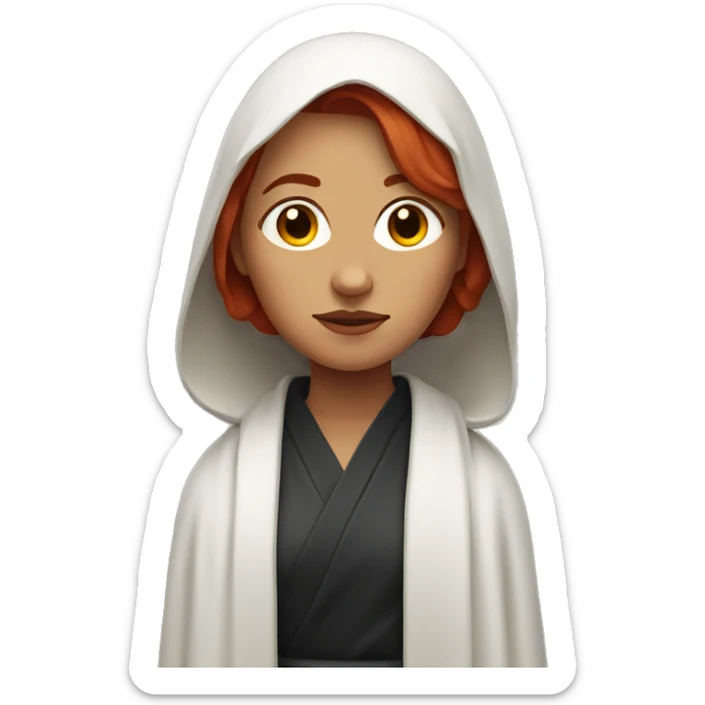 woman in a robe looking sombre with a religious vibe and red hair  sticker