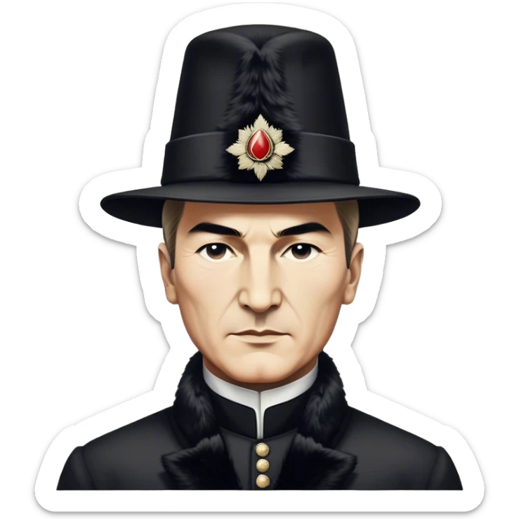 ​Cinematic Realistic Portrait of a Young Mustafa Kemal Atatürk, depicted wearing an iconic tall black fur hat along with traditional attire, his confident, visionary expression illuminated by warm, inspiring lighting, rendered with rich historical textures that capture his youthful dynamism and transformative leadership, sticker