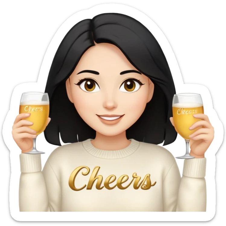 A woman with shoulder-length black hair, light to medium skin tone, full cheeks, and almond-shaped eyes, wearing a white sweater with the word 'cheers' in gold script, lying comfortably on a bed with soft lighting, joyful and radiant expression. sticker