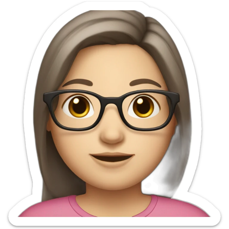a dark-brown long hair white woman with glasses and a little smile, little chubby, with rose cheeks, sticker