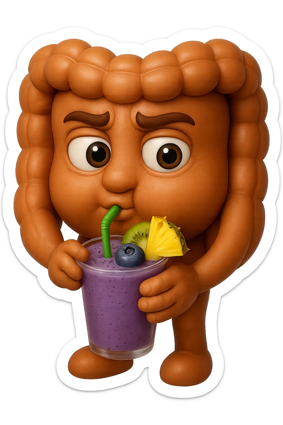 EMOJI STILE IPHONE DI un intestino umano anatomico che beve un frullato di mirtilli, ananas, kiwi, fagli anche la parte bianca degli occhi, non solo le pupille, REALISTICo 4K sticker