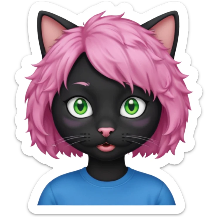 a Black cat wearing a short curly pink hair wig, blue T-shirt sticker