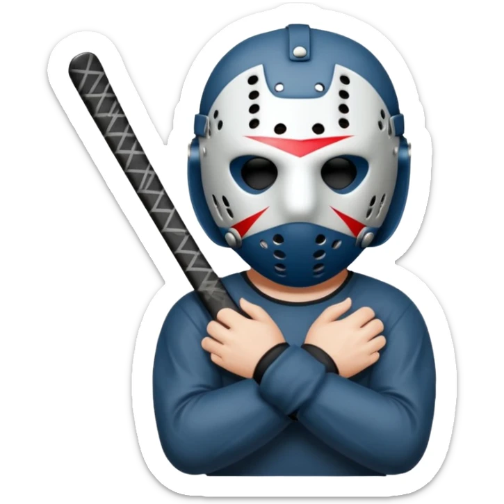 a cartoon image of Jason Voorhees, looking cute, with his hands together in front of him sticker