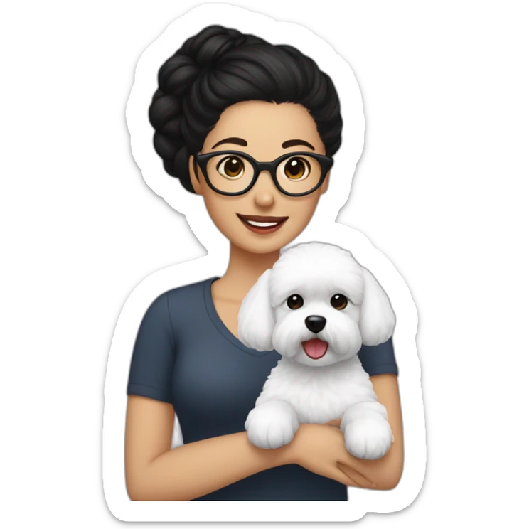 woman-black hair-bun-with glasses-with bichon dog-white-smile sticker