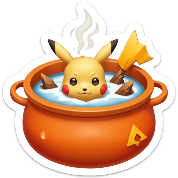 Un Pikachu rouge qui et triste avec des éclairs en fond et il a fait caca et pipi dans un pot orange et une montagne derrière  sticker