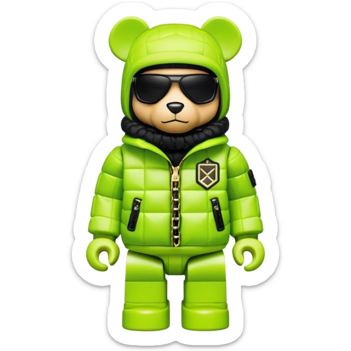 ultra-detailed bearbrick figure with perfect cube head and geometric body, wearing premium lime green balaclava with sleek integrated black visor lens at eyes, luxury oversized designer puffer jacket with prominent logo and lavish fur trim collar, heavy gold chains, streetwear icon sticker