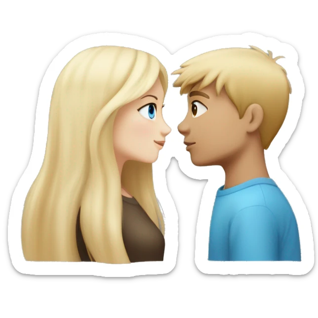 Girl with long back hair with bangs and tan skin kissing a boy with blonde hair blue eyes and white skin sticker