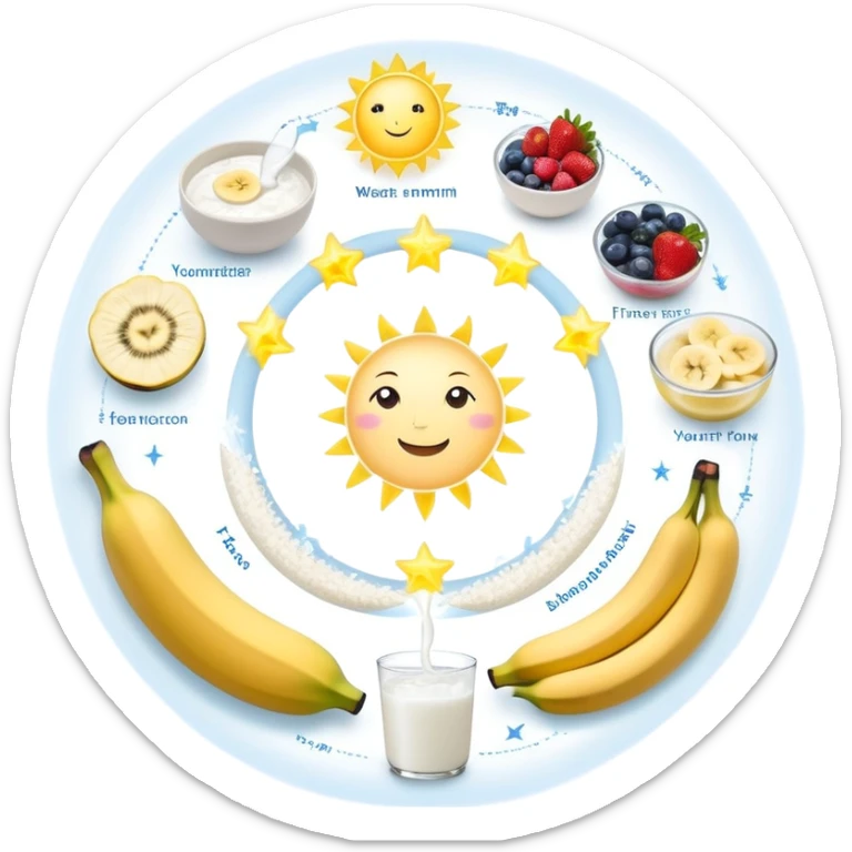 Magical fitness system: water bottle, sun, rice bowl, banana, dumbbell, yogurt, fruit, and moon arranged in a circular flow chart with ethereal glowing connections and sparkles, each item separate but part of one system sticker