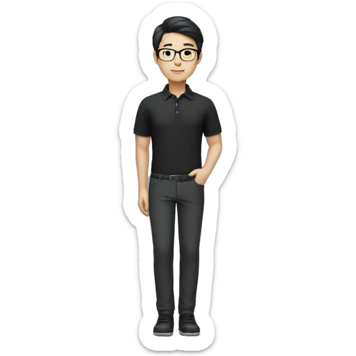 black hair chinese engineer wearing glasses black polo tshirt and dress pants and shoes sticker