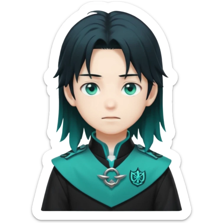 Tokito Muichiro emoji style — calm boy with long black hair fading mint green, turquoise eyes, pale skin, dreamy face, wearing dark Demon Slayer uniform, black + teal tone, anime cute clean style. sticker