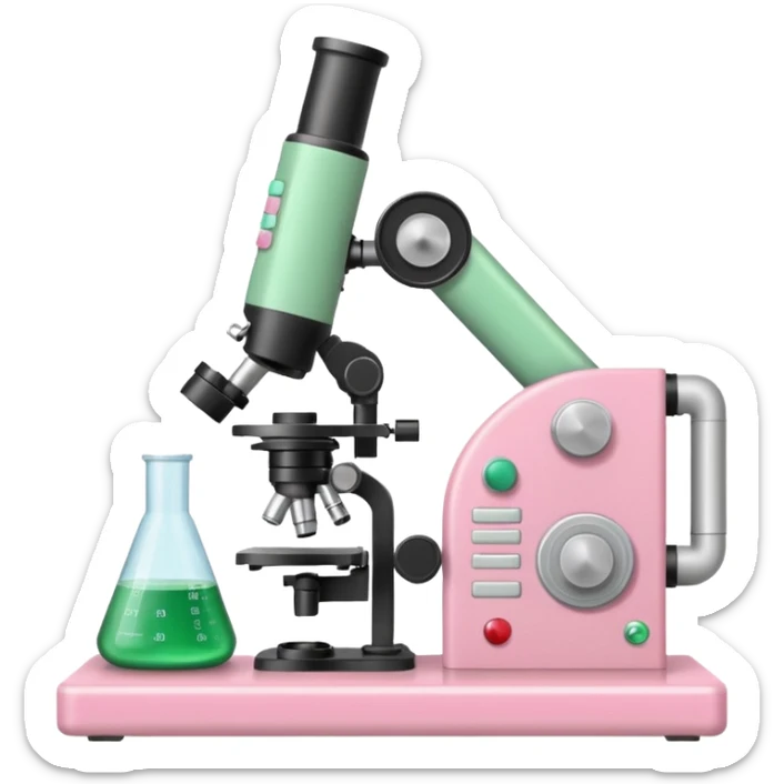 laboratorios, tubo de ensayo y microscopio todo en una imagen, que sean colores rosas, blancos, verde y beish sticker