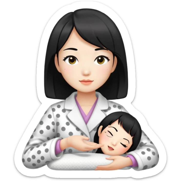 girl with black bob-cut hair, dotted coat, Chinese appearance, giving a massage, masseuse vibe sticker